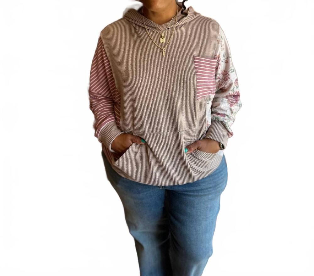NEW HAPTICS striped hooded pullover in mauve and white